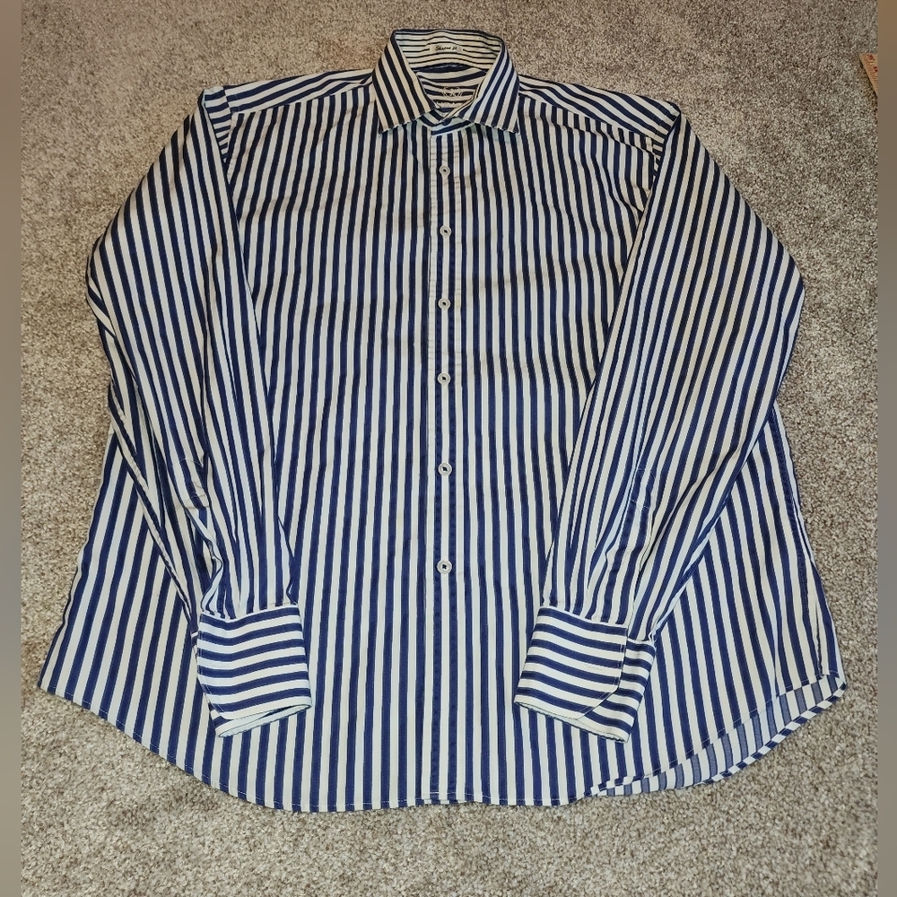 Bugatchi Blue And White Striped‎ Dress Shirt No Size